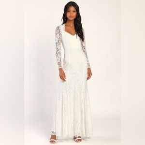 NWT Lulu’s Loving Luxuriously White Lace Backless Mermaid Maxi Dress